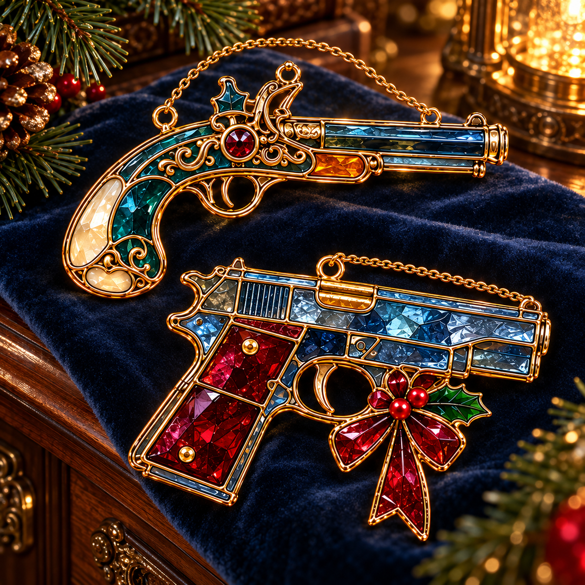 ✨ 2026 Vintage Stained Glass Firearms Christmas Ornaments – Set of 6 | Western Revolver, Cowboy Rifle, Shotgun & Pistol Hanging Decorations | Christmas Tree Ornaments & Unique Holiday Gifts for Gun Enthusiasts