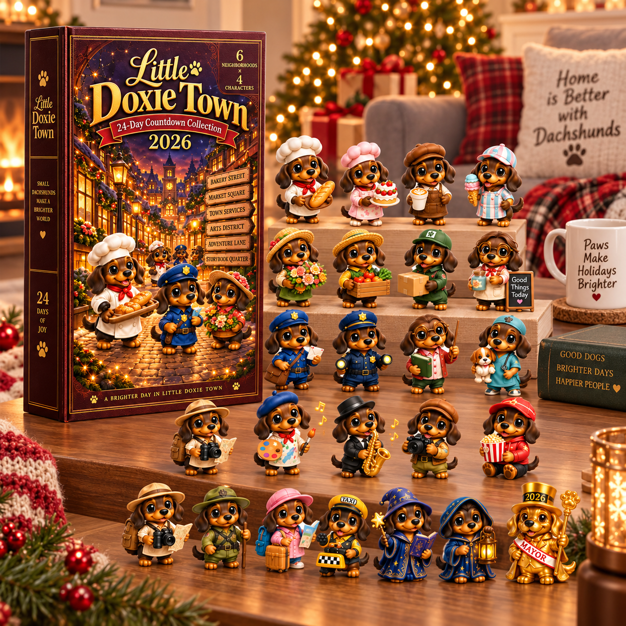 Little Doxie Town 2026 – 24-Day Dachshund Countdown Collection with 24 Unique Town Character Miniatures, Christmas Collectible Gift for Dachshund Lovers
