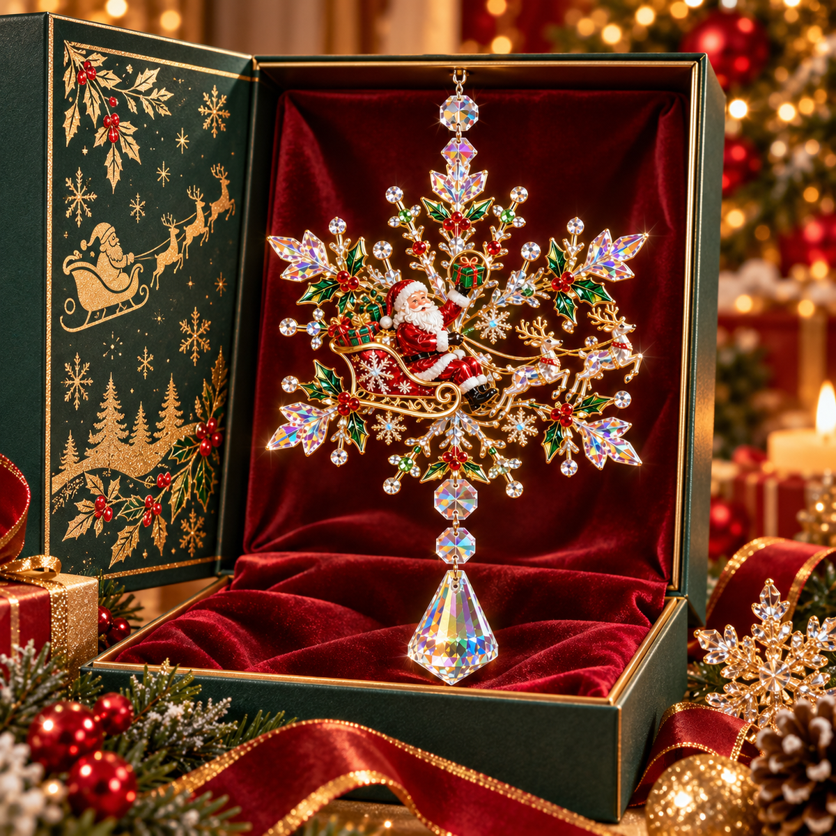 2026 Santa Sleigh Crystal Snowflake Ornament – Sparkling Reindeer & Holly Christmas Suncatcher, Elegant Holiday Tree Decoration & Keepsake Gift