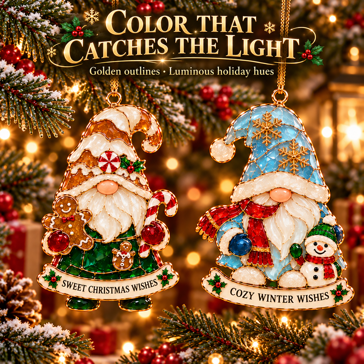Gnome for the Holidays – 6-Piece Stained Glass–Style Christmas Ornament Set with Heartwarming Wishes