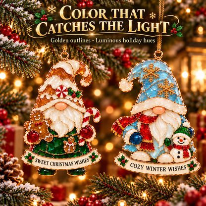 Gnome for the Holidays – 6-Piece Stained Glass–Style Christmas Ornament Set with Heartwarming Wishes