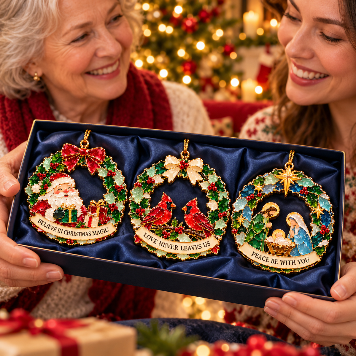 Christmas Wishes Wreath Ornaments – 6 Festive Designs in Stained Glass Style