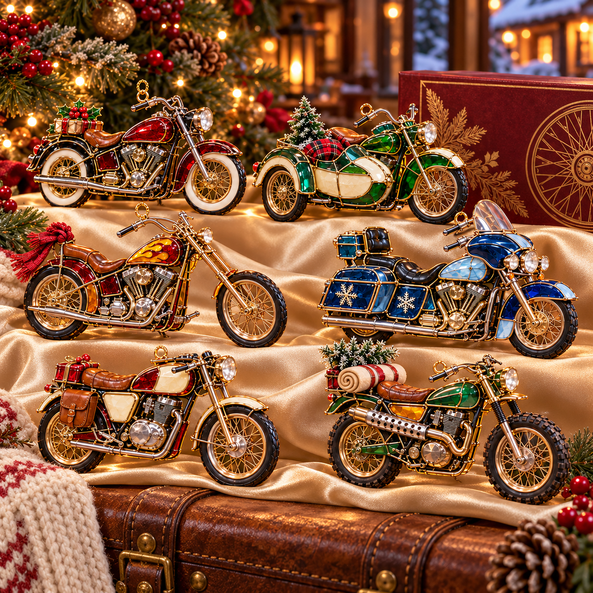 ✨ 2026 Vintage Stained Glass Motorcycle Christmas Ornaments – Set of 6 |  Retro Cruiser, Sidecar, Chopper & Adventure Motorbike Hanging Decorations | Christmas Tree Ornaments & Biker Gifts
