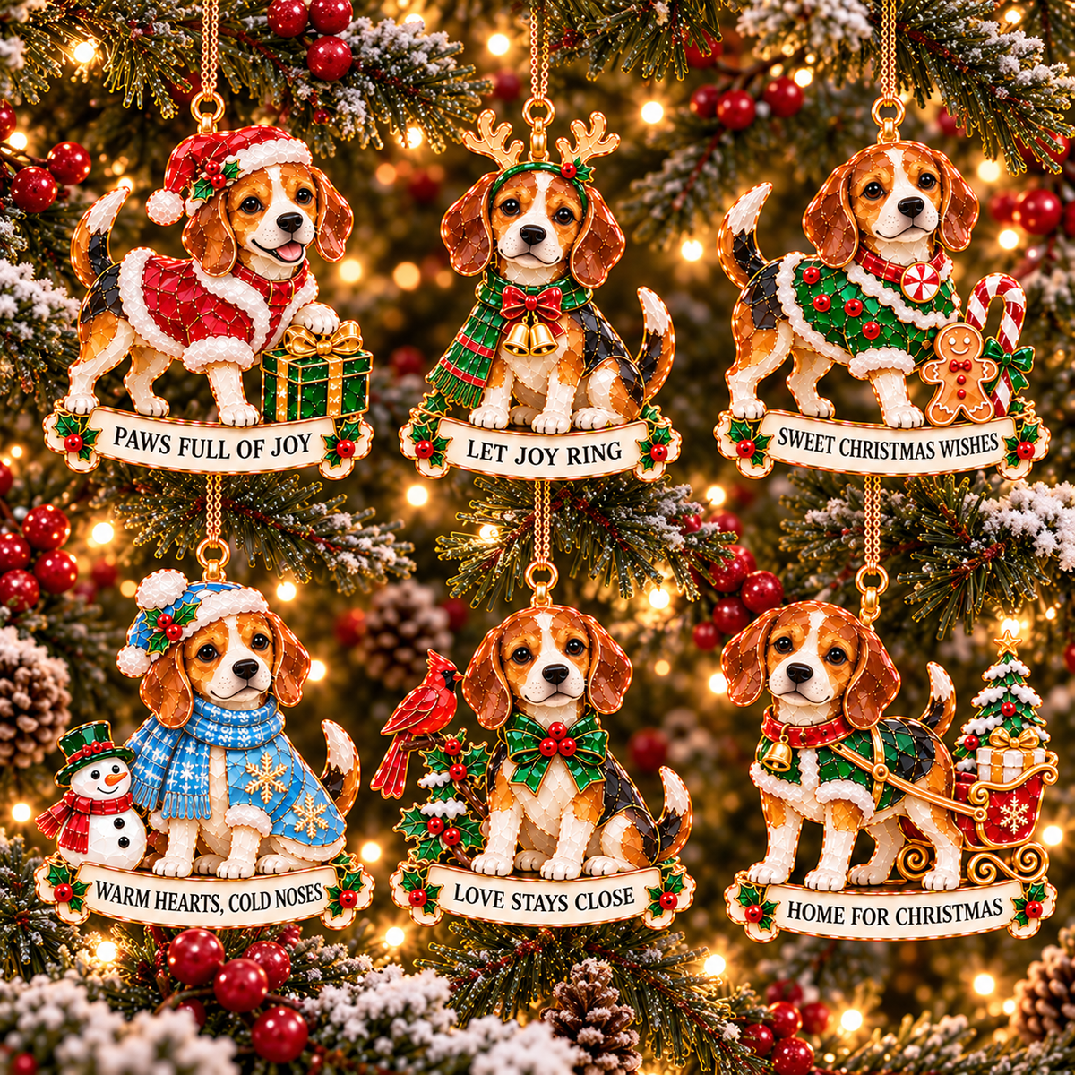 2026 Beagle Christmas Ornament Gift Set – 6 Festive Designs with Stained Glass Style & Heartwarming Wishes