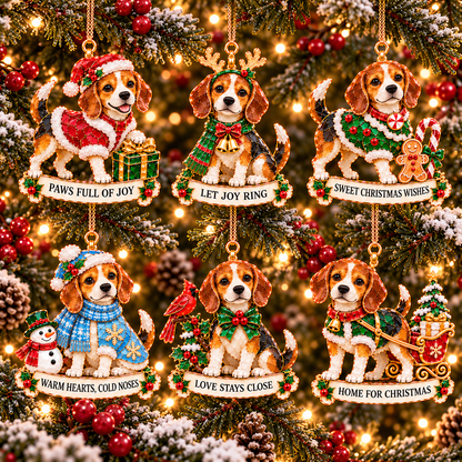 2026 Beagle Christmas Ornament Gift Set – 6 Festive Designs with Stained Glass Style & Heartwarming Wishes