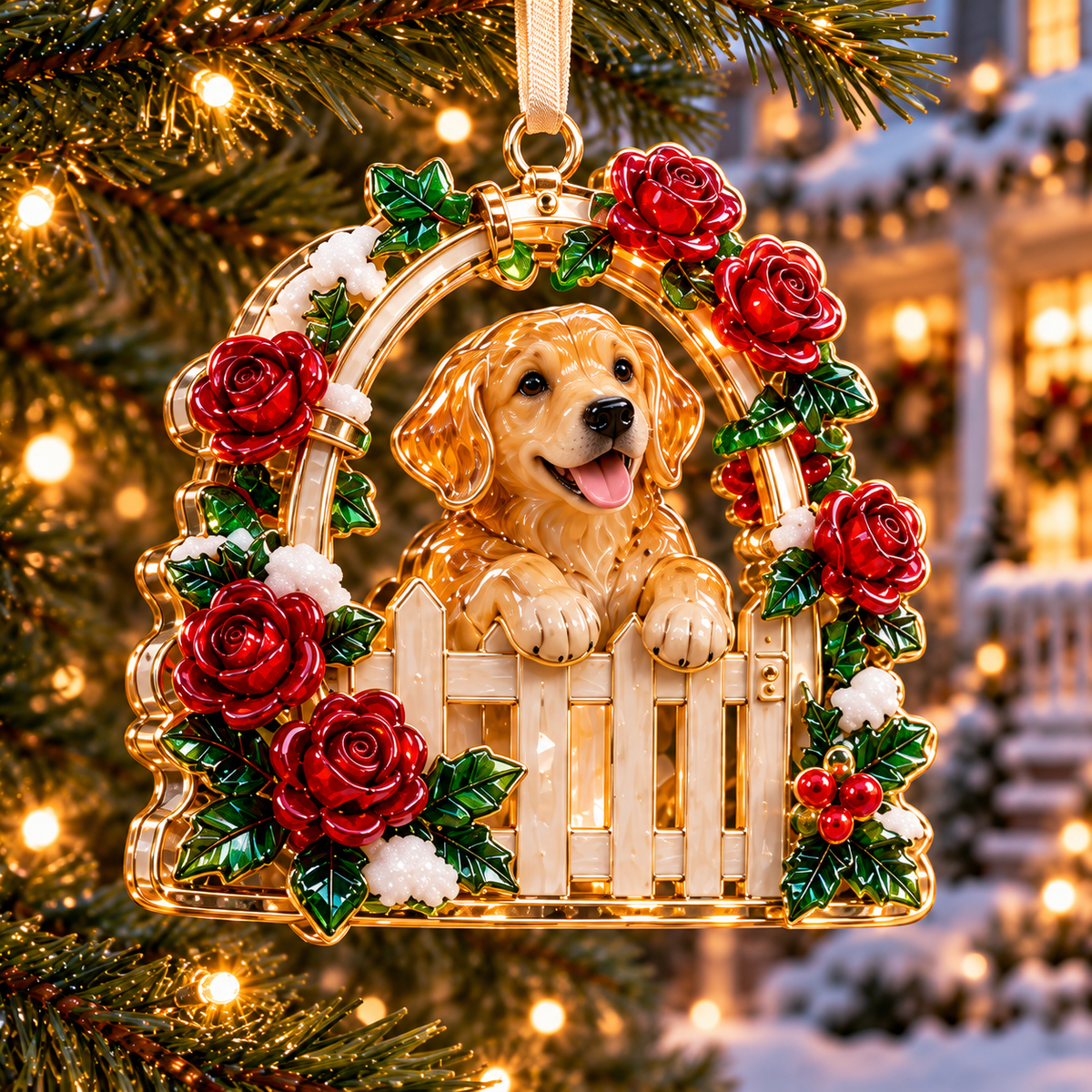 Golden Retriever Rose Garden Gate Christmas ornament