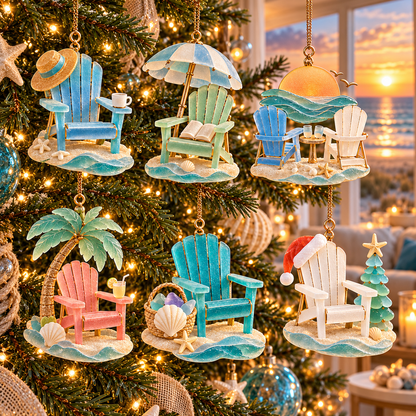 🏖️ 2026 Coastal Christmas Beach Chair Ornaments – Set of 6 Seaside Holiday Keepsakes