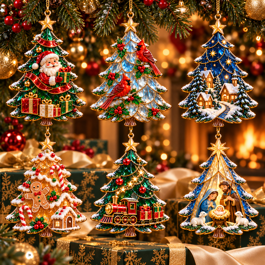 2026 Christmas Storybook Tree-Shaped Ornaments – Set of 6 | Vintage Stained-Glass Style with Enchanting Holiday Scenes & Golden Details