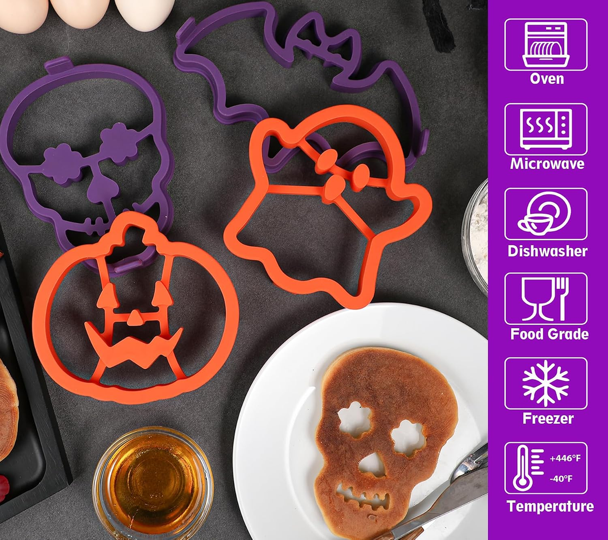 🎃 4-Piece Halloween Pancake Mold Set – Ghost, Bat, Pumpkin & Skull Silicone Breakfast Shapers - image 6