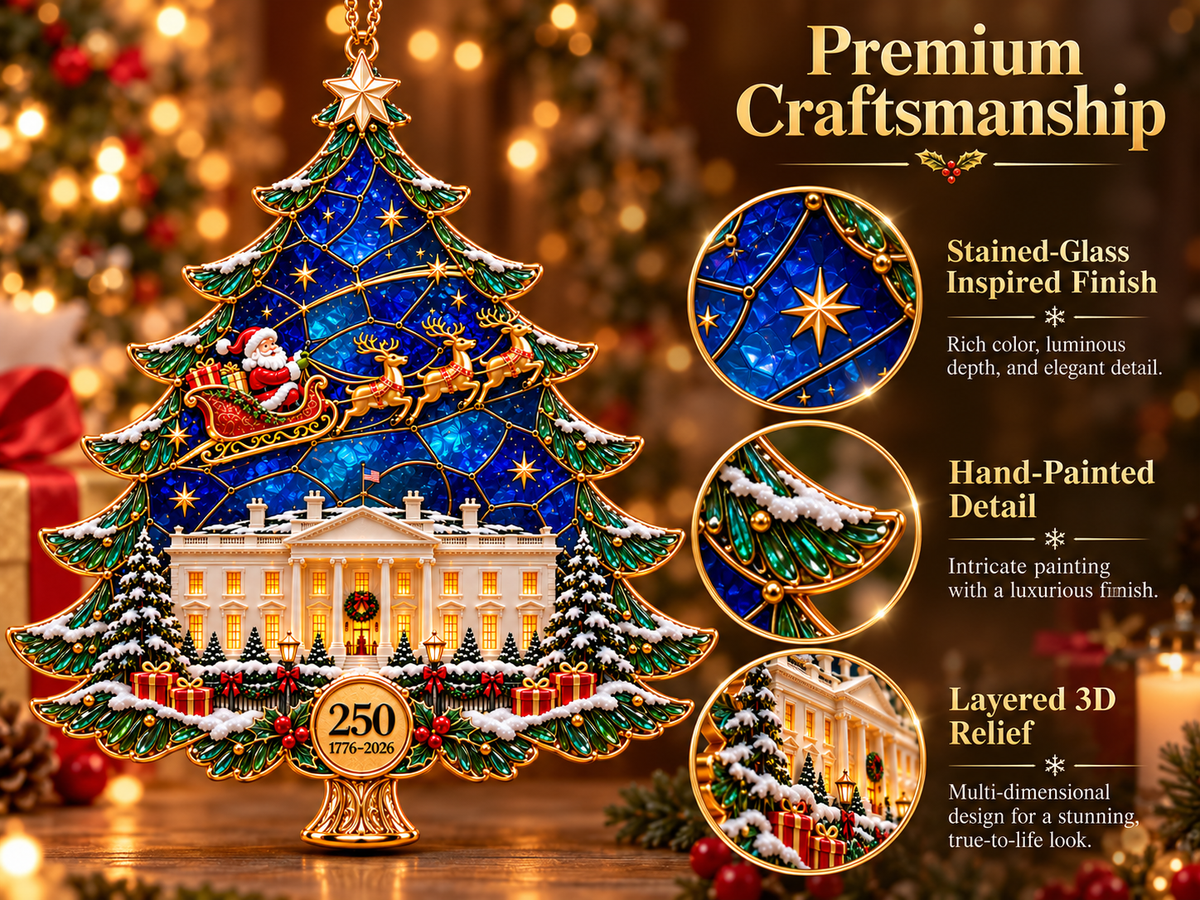 2026 250th Anniversary Stained Glass Christmas Tree Ornament β Santa Sleigh & White House Commemorative Holiday Keepsake, 1776β2026