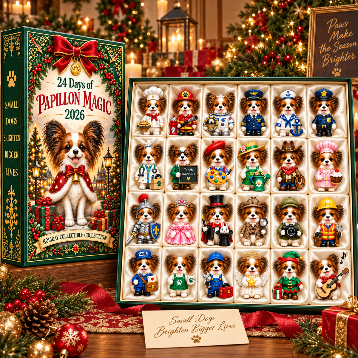 24 Days of Papillon Magic 2026 – 24-Day Christmas Countdown Calendar with 24 Unique Papillon Profession Miniatures, Holiday Collectible Gift for Dog Lovers
