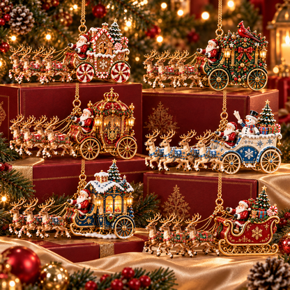 Santa’s Magical Christmas Journey – 6-Piece Vintage Reindeer Sleigh & Carriage Ornament Collection | Christmas Tree Decorations & Holiday Gifts
