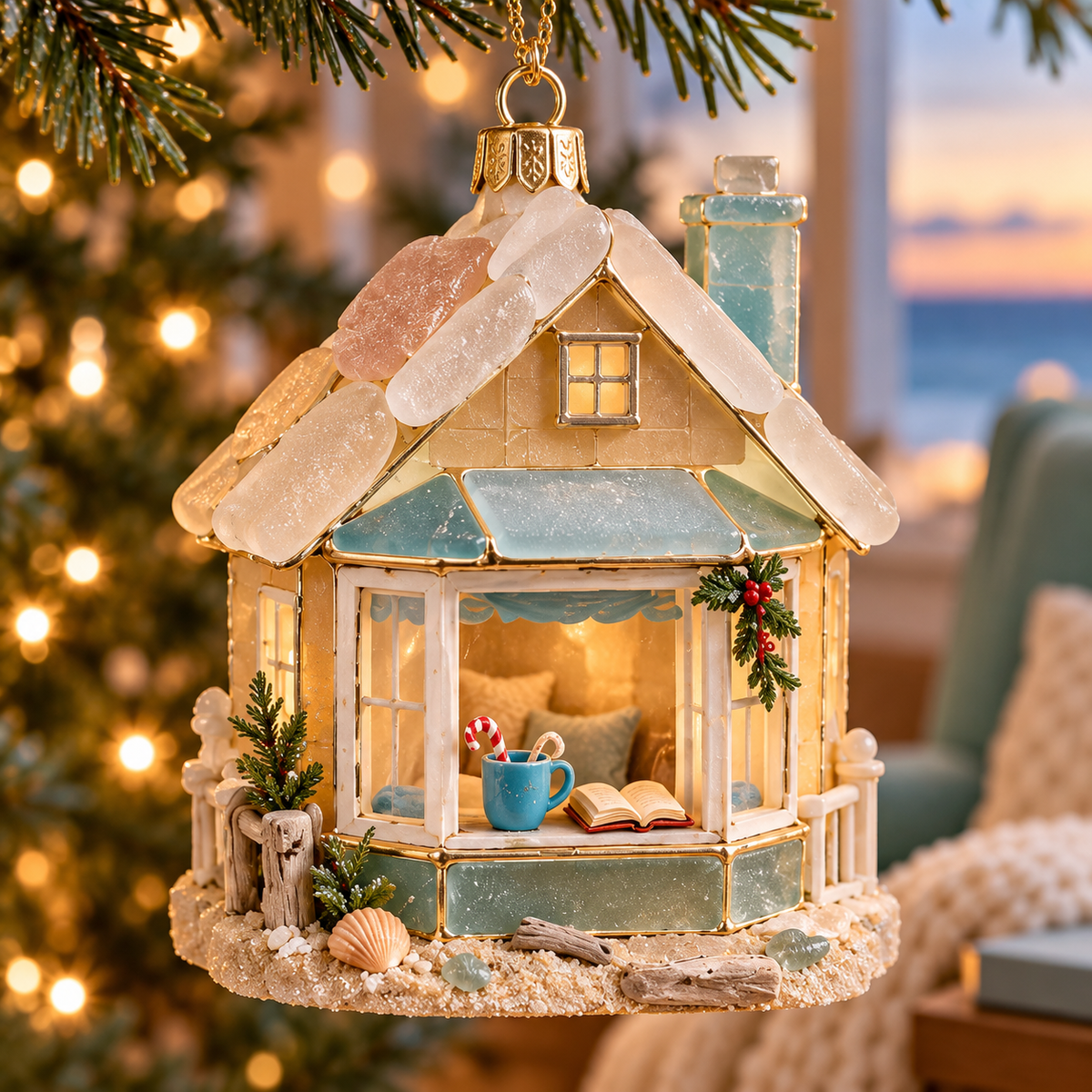 🌊 2026 Coastal Christmas Cottage Ornaments – Set of 6 Beach House Holiday Keepsakes