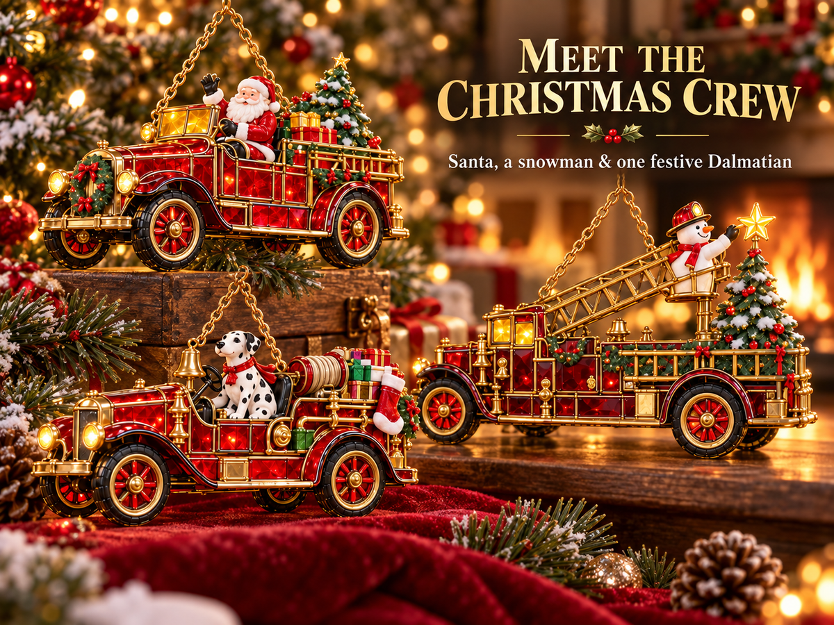 Santa Snowman and Dalmatian Fire Truck Christmas Ornament Collection