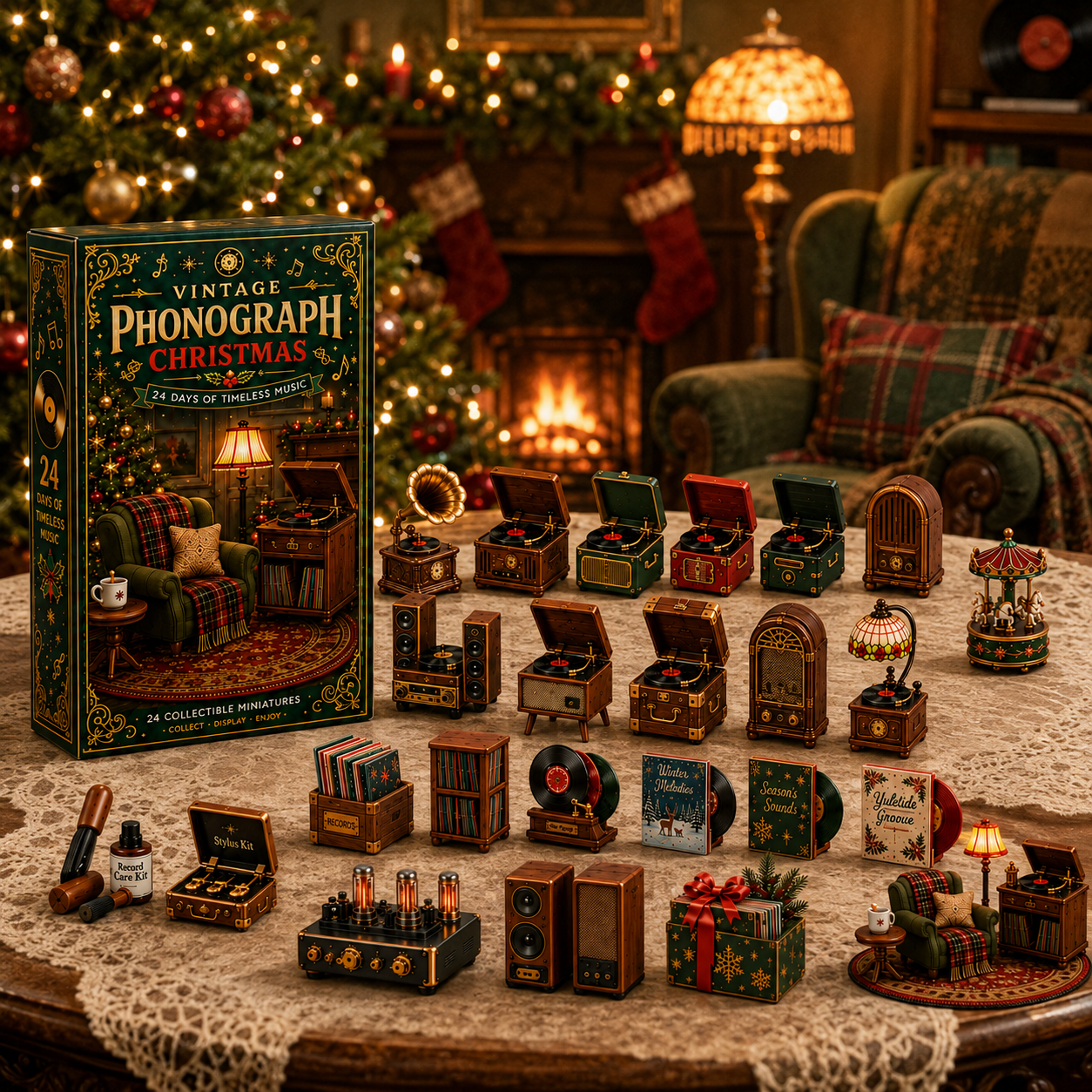Vintage Phonograph Christmas Advent Calendar 2026 – 24 Days of Timeless Music Collectible Miniatures, Retro Record Player Countdown Gift for Music Lovers