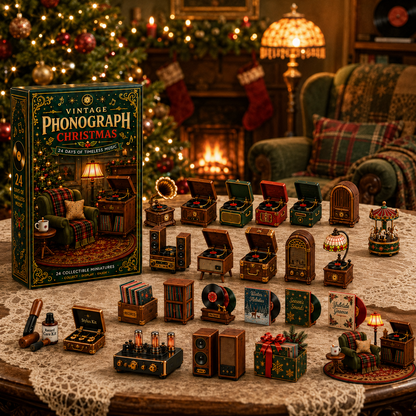 Vintage Phonograph Christmas Advent Calendar 2026 – 24 Days of Timeless Music Collectible Miniatures, Retro Record Player Countdown Gift for Music Lovers