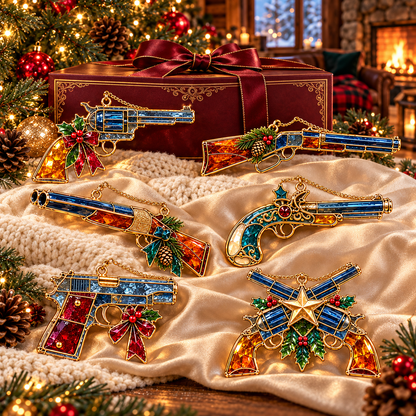 ✨ 2026 Vintage Stained Glass Firearms Christmas Ornaments – Set of 6 | Western Revolver, Cowboy Rifle, Shotgun & Pistol Hanging Decorations | Christmas Tree Ornaments & Unique Holiday Gifts for Gun Enthusiasts
