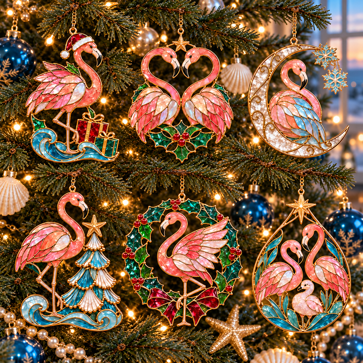 Coastal Christmas Flamingo Ornaments – Vintage Stained-Glass Style, 6-Piece Set