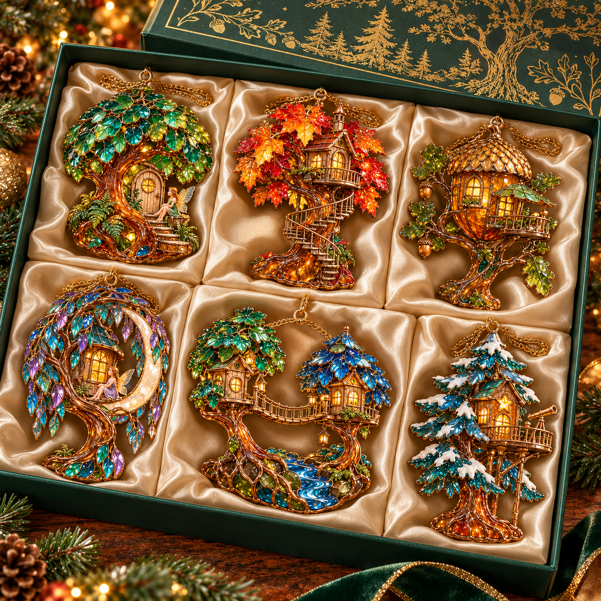 ✨ 2026 Enchanted Stained Glass Treehouse Christmas Ornaments – Set of 6 |  Fairy Tree Houses, Autumn Maple, Acorn Cottage & Moonlight Willow Hanging Decorations | Magical Christmas Tree Ornaments & Fairy Garden Gifts