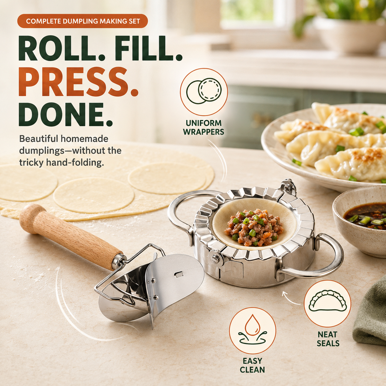 🥟 Stainless Steel Dumpling Maker & Dough Cutter Set – Roll, Fill, Press & Seal with Ease - image 1