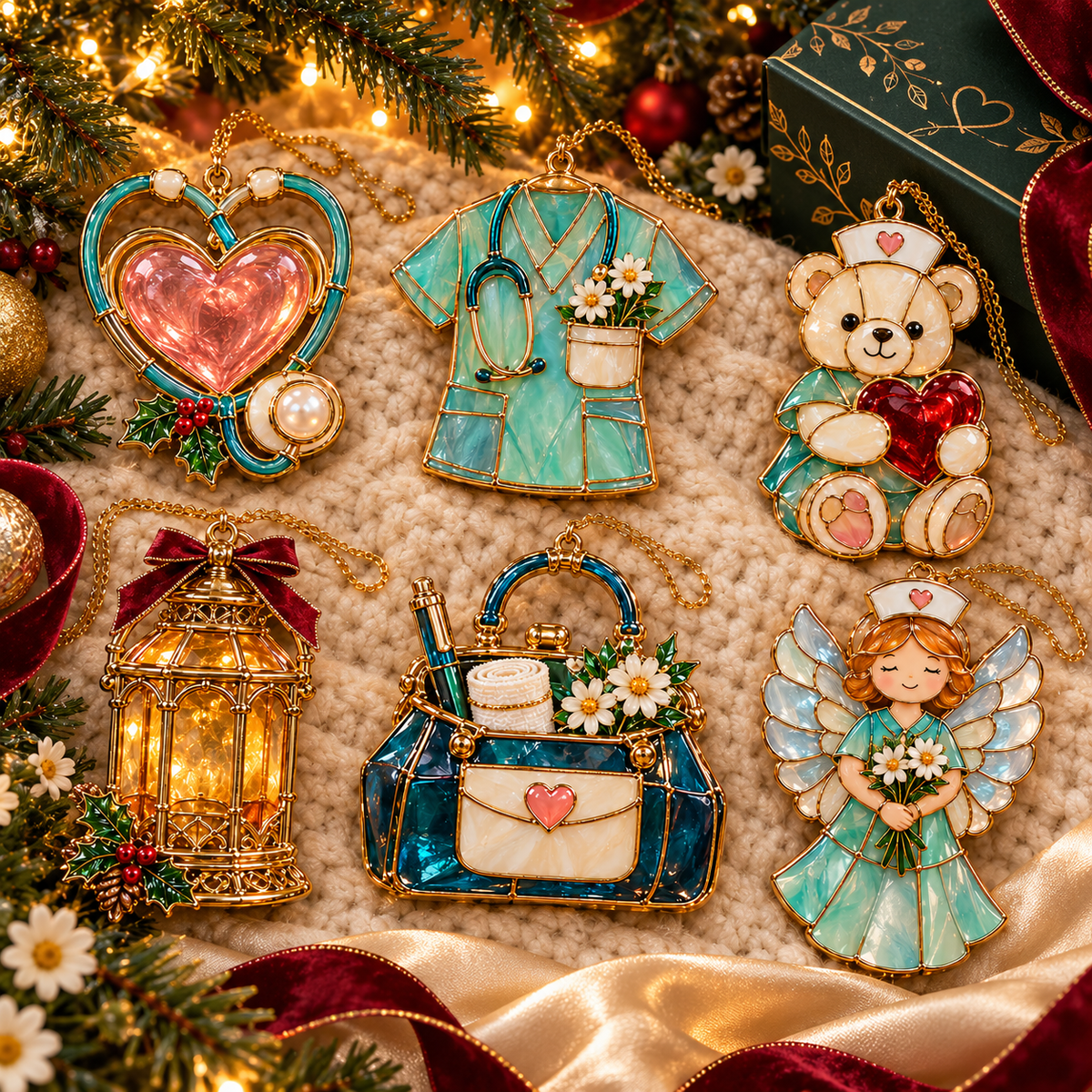 ✨ 2026 Nurse Appreciation Stained Glass Christmas Ornaments – Set of 6