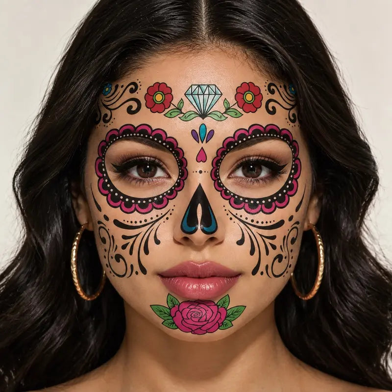 Mexican Dia De Los Muertos Temporary Face Tattoos - Sugar Skull Floral Face Decals 🎭