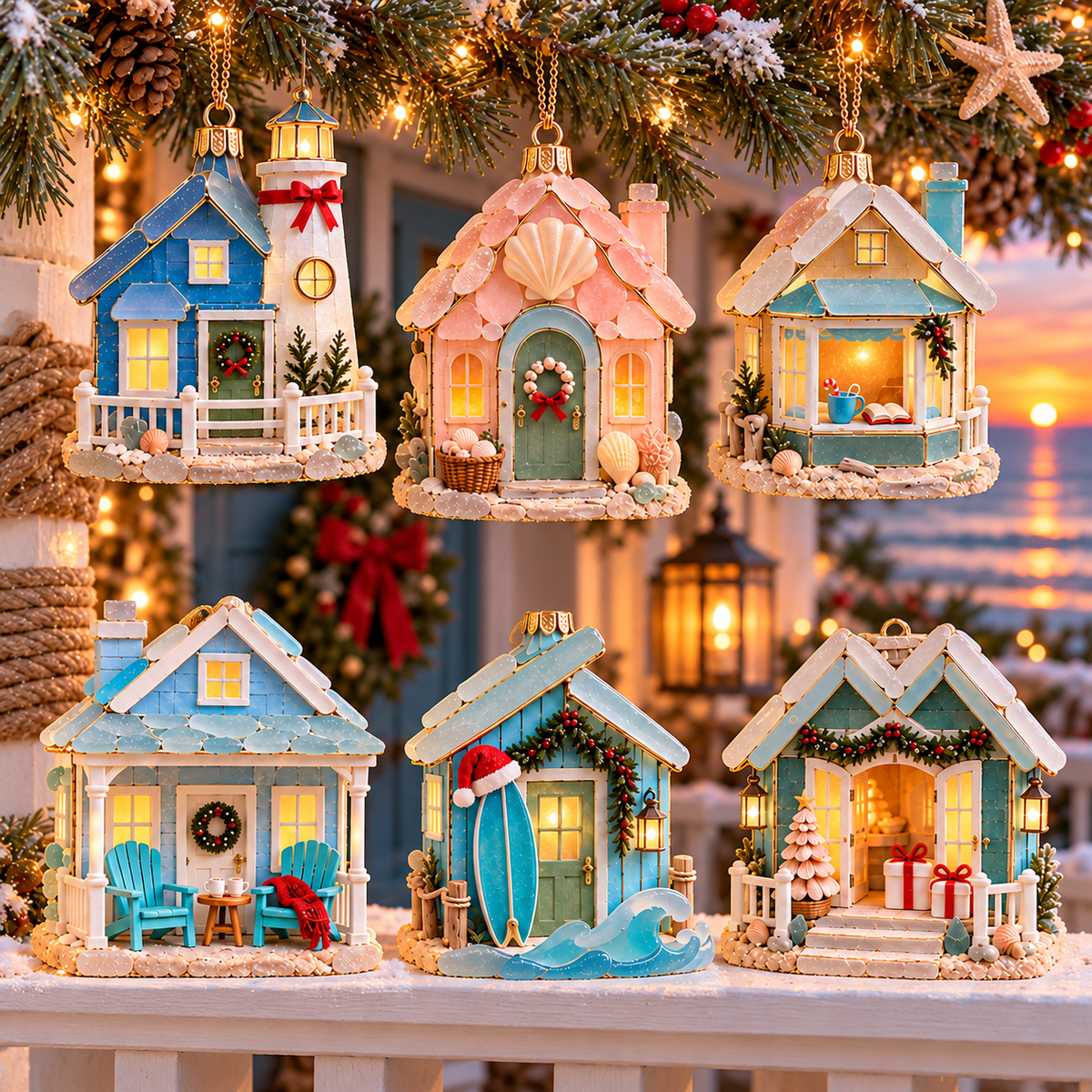 🌊 2026 Coastal Christmas Cottage Ornaments – Set of 6 Beach House Holiday Keepsakes