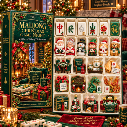 Mahjong Christmas Game Night 2026 – 24-Day Holiday Tile Treasures Countdown Calendar with 24 Unique Collectible Miniatures, Festive Gift for Mahjong Lovers & Family Game Nights