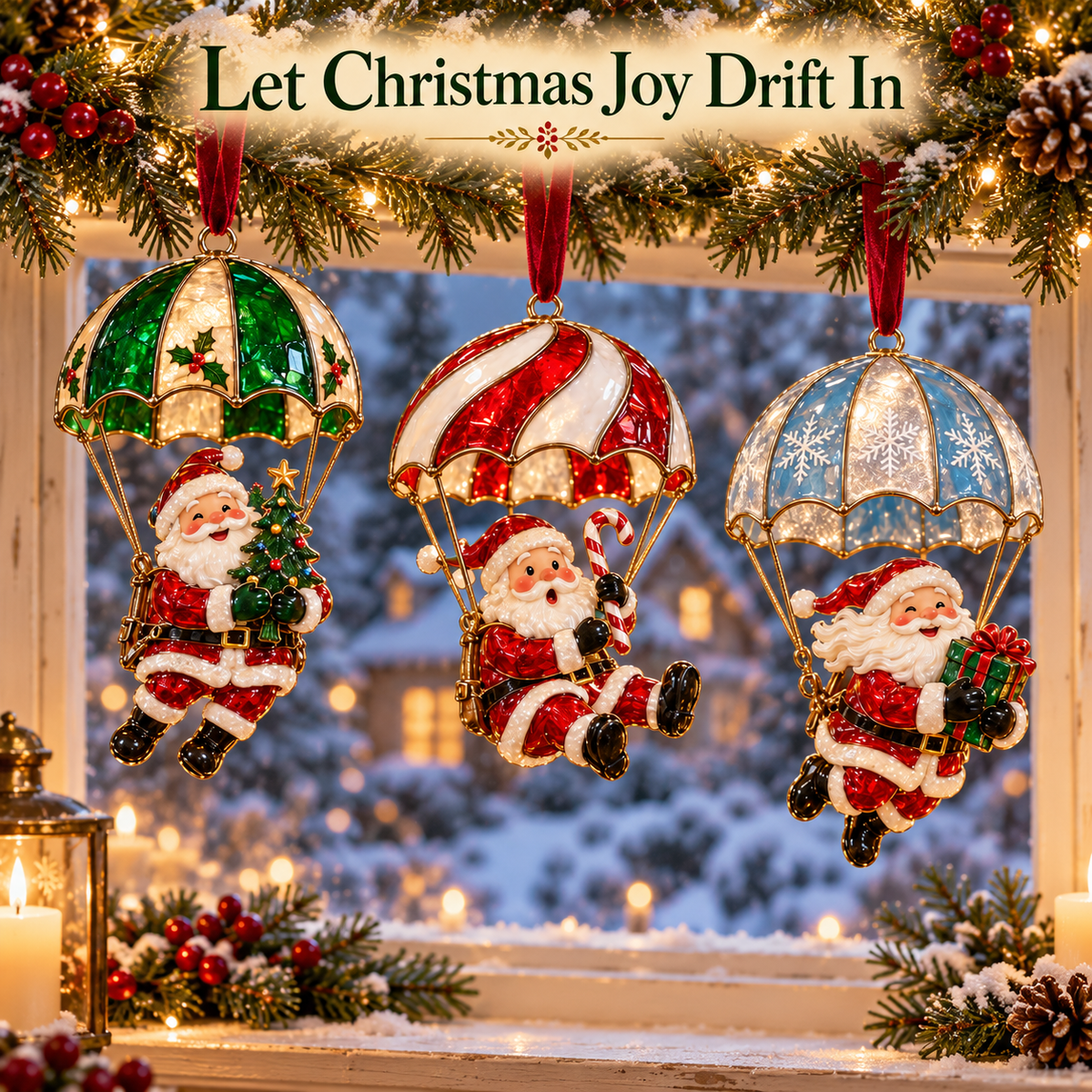 Santa under green and ivory parachute holding a miniature Christmas tree