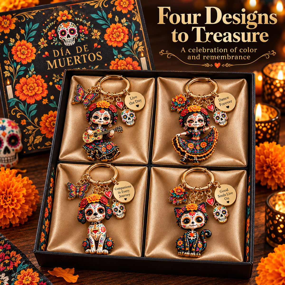 2026 Día de Muertos Keepsake Keychains – 4 Colorful Designs with Remembrance Cards