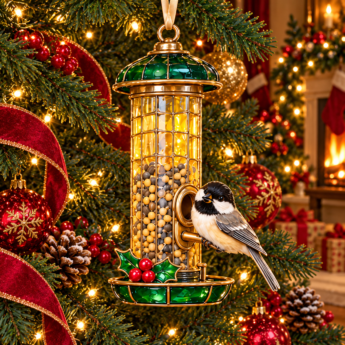 Vintage Bird Feeder Christmas Ornaments – 6-Piece Stained Glass-Style Backyard Birds Collection