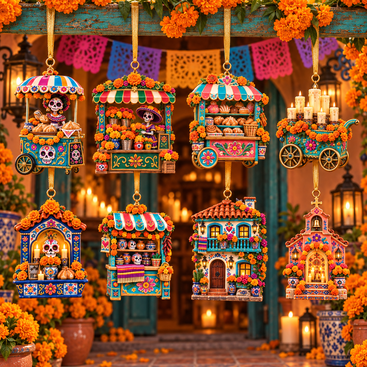2026 Día de Muertos Village Ornaments – Miniature Market & Marigold Keepsake Collection
