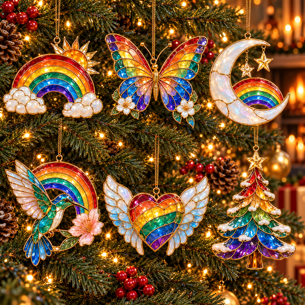 🎄 2026 Magical Rainbow Stained Glass Christmas Ornaments – Set of 6 | Rainbow, Butterfly, Crescent Moon, Hummingbird, Angel Wings Heart & Christmas Tree Hanging Decorations | Colorful Holiday Gifts