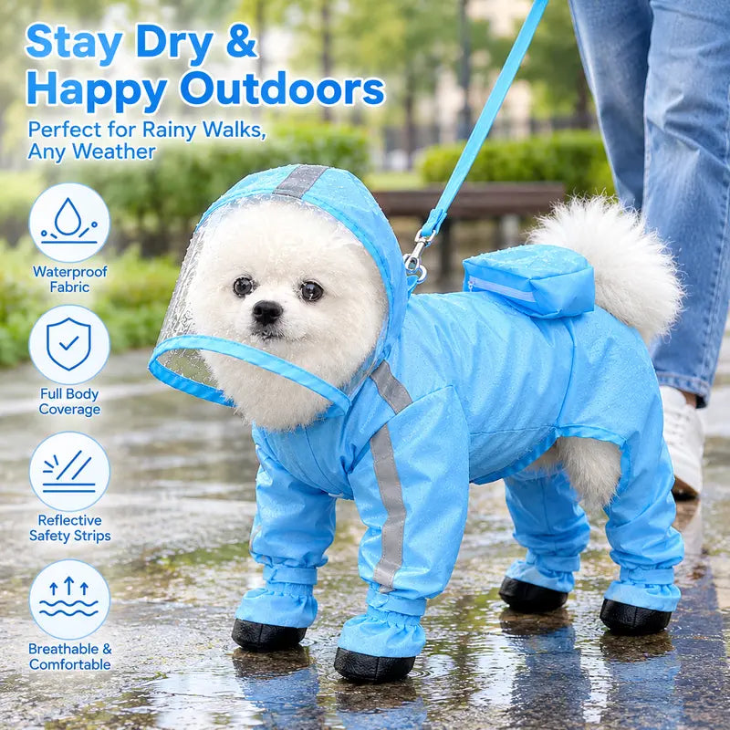 Waterproof 4-Leg Dog Raincoat with Hood & Attached Boots 🐶
