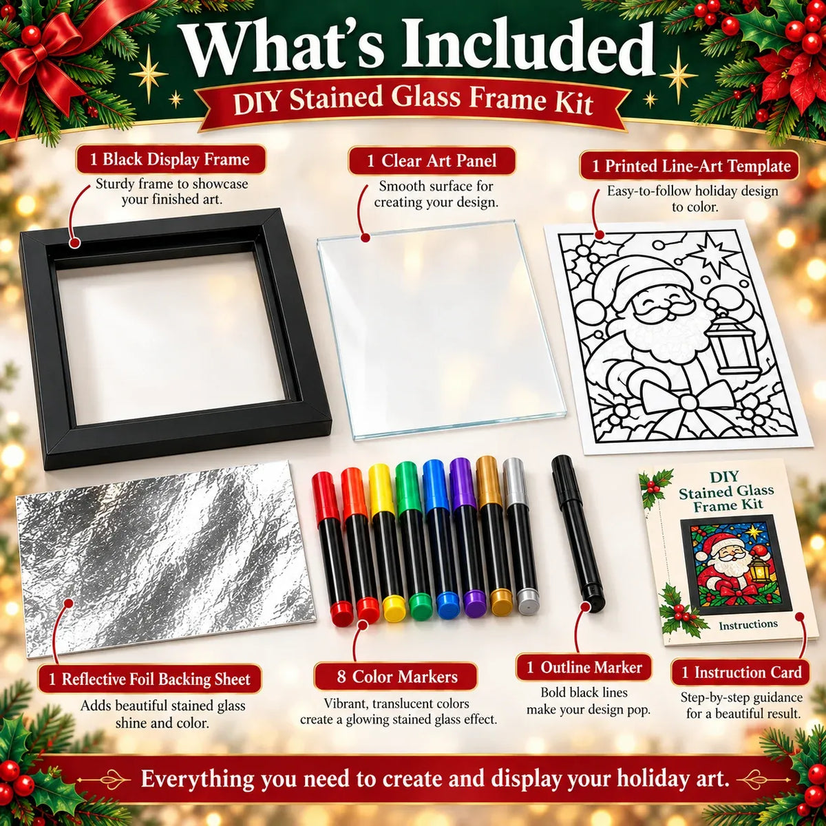🎄Beginner-Friendly Christmas Stained Glass-Style Frame Kit | 8 Festive Designs with Pens, Foil & Frame ✨
