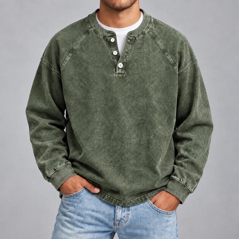 Men's Vintage Washed 3-Button Henley Long Sleeve Plain Pullover 🧥