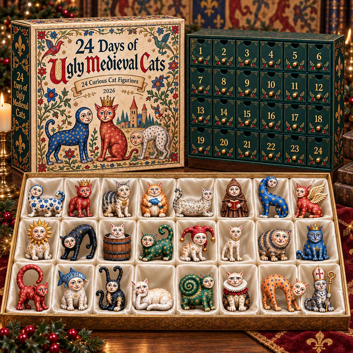 2026 Ugly Medieval Cats Advent Calendar – 24 Unique Collectible Cat Figurines for a Quirky Christmas Countdown