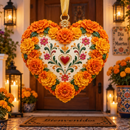 Día de Muertos Marigold Heart Ornament  – Floral Hanging Keepsake Collection, Meaningful Day of the Dead Gift for Family & Loved Ones