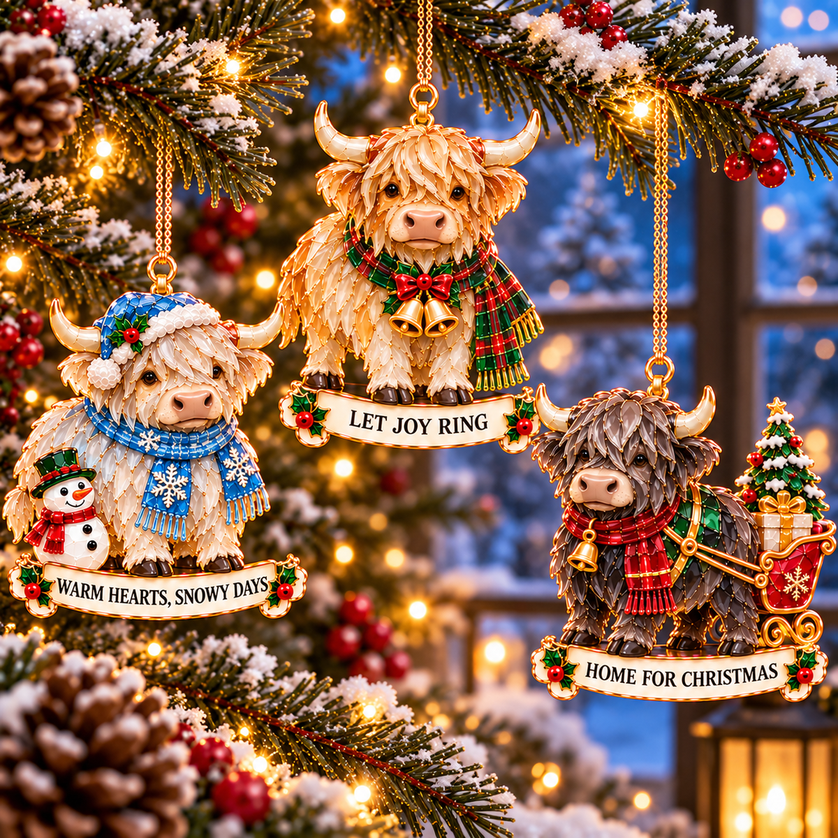 2026 Highland Cow Christmas Ornaments – 6 Festive Designs with Stained-Glass Charm & Heartwarming Wishes