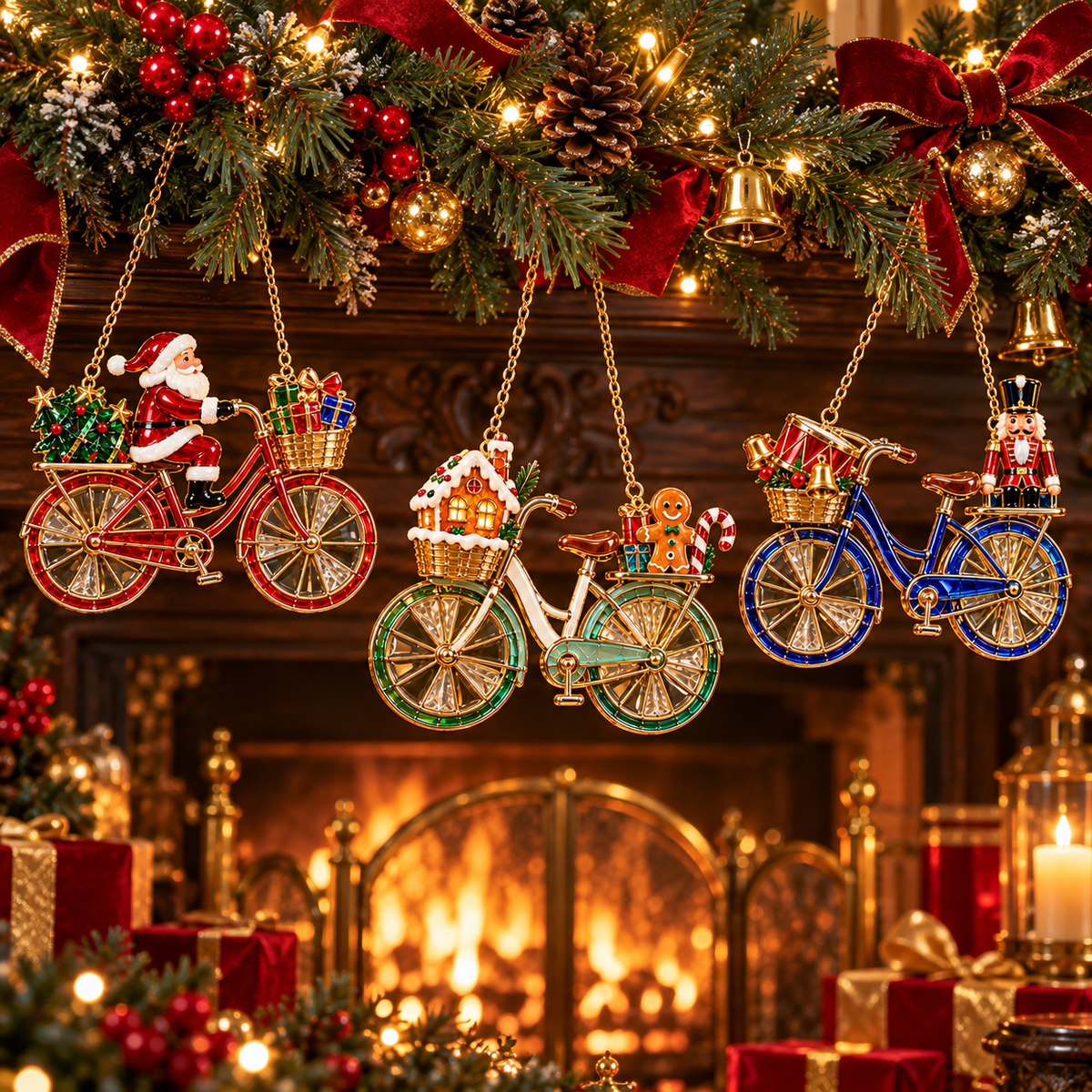 🎄 2026 Vintage Stained Glass Christmas Bicycle Ornaments – Set of 6
