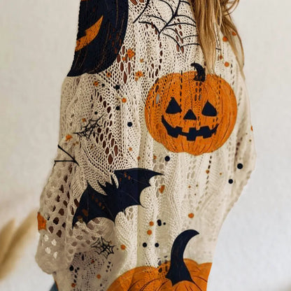 Women's Long-Sleeve Style Knitwear Piece, Halloween Pumpkin-Bat Print Casual Fall Pullover🎃 - image 11