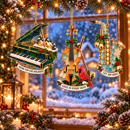 Christmas Melodies – 6-Piece Stained-Glass-Style Musical Instrument Ornament Set | A Christmas Gift for Music Lovers