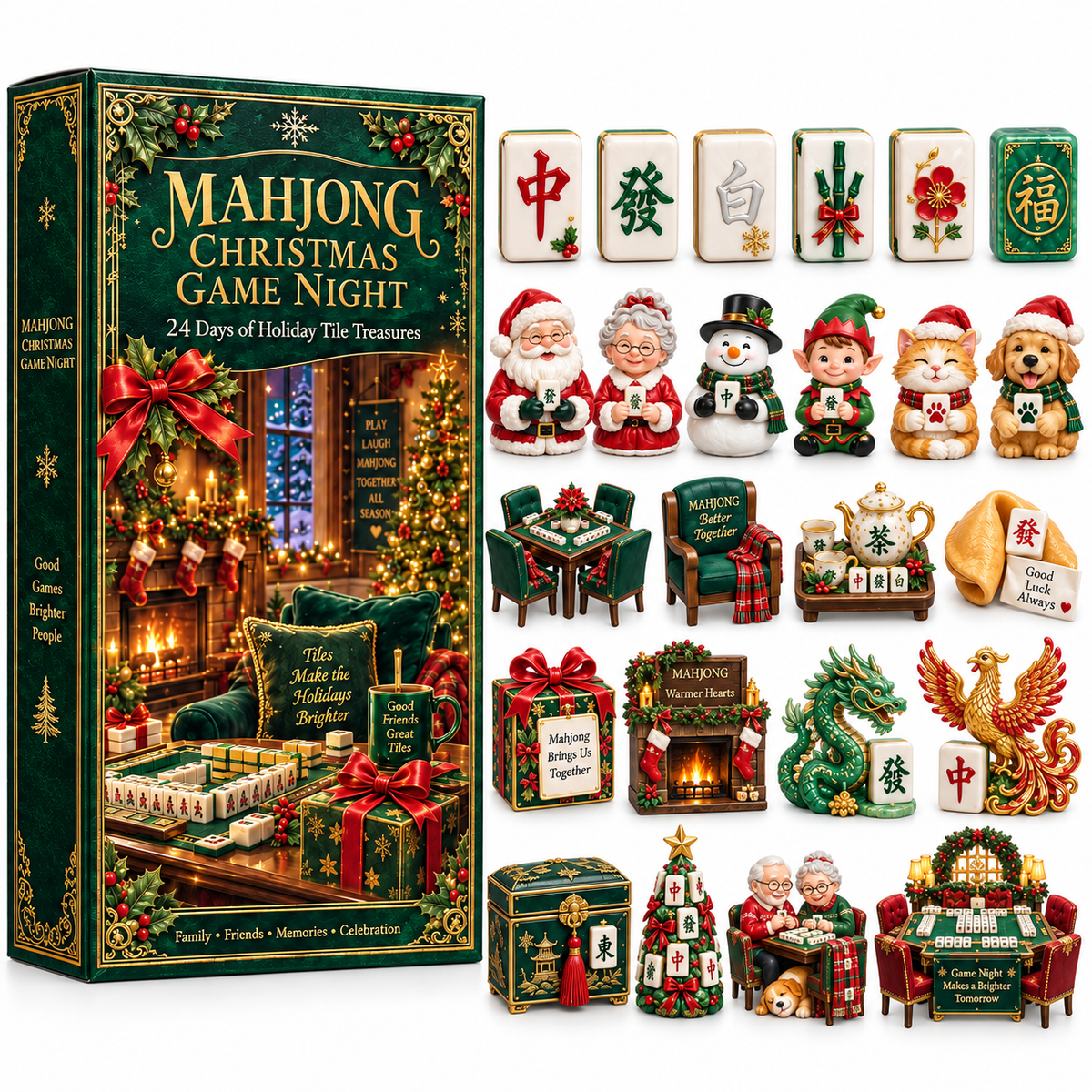 Mahjong Christmas Game Night 2026 – 24-Day Holiday Tile Treasures Countdown Calendar with 24 Unique Collectible Miniatures, Festive Gift for Mahjong Lovers & Family Game Nights