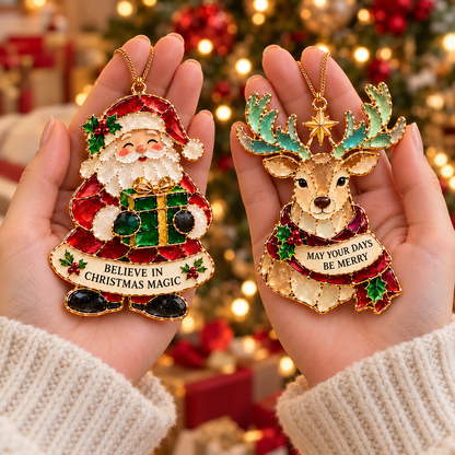 Christmas Wishes — 6-Piece Stained Glass–Style Ornament Set with Heartfelt Blessings