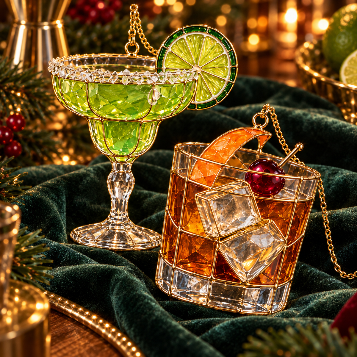 ✨ 2026 Vintage Stained Glass Cocktail & Wine Christmas Ornaments – Set of 6 |  Martini, Margarita, Whiskey, Red Wine & Champagne Hanging Decorations | Christmas Tree Ornaments & Unique Holiday Gifts for Cocktail Lovers