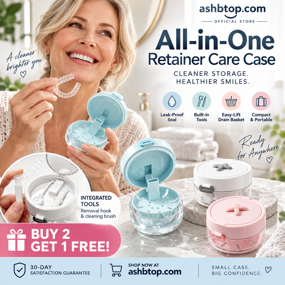 🔥Last Day Special Price $19.99!✨50K+ SOLD!🦷All-in-One Retainer Storage Case — Soaking Compartment, Built-in Mirror & Cleaning Tools