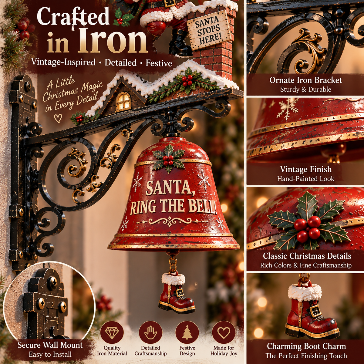 🎅 Santa, Ring the Bell! Iron Christmas Door Bell — Vintage Holiday Porch & Entryway Decor - image 4