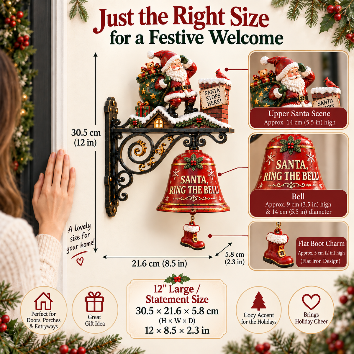 🎅 Santa, Ring the Bell! Iron Christmas Door Bell — Vintage Holiday Porch & Entryway Decor - image 6