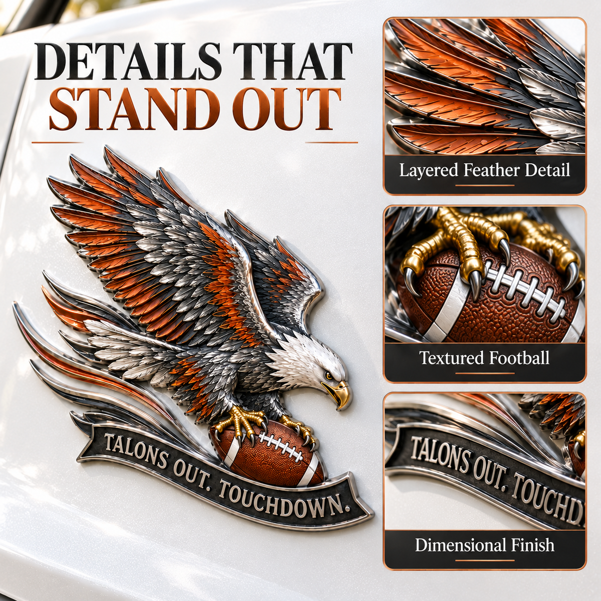 🦅 "Talons Out. Touchdown!" Premium Metal Eagle Car Emblem 5.9“*5.9” | The Ultimate Football Fan Decal - image 2