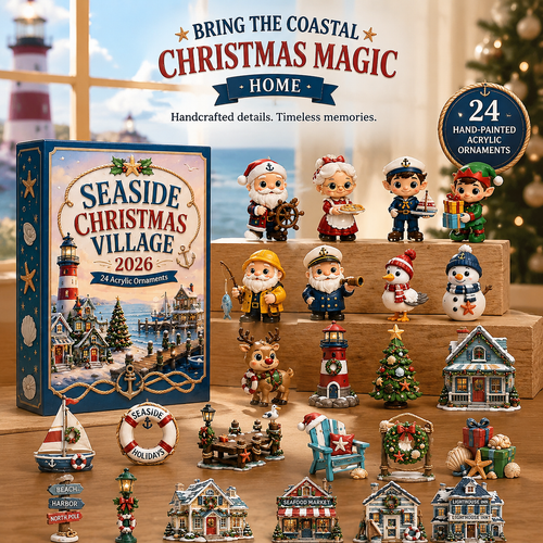 High-quality miniature model✨Seaside Christmas Village Advent Calendar 2026 - 24-Day Festive Countdown, Acrylic Charms Blind Box